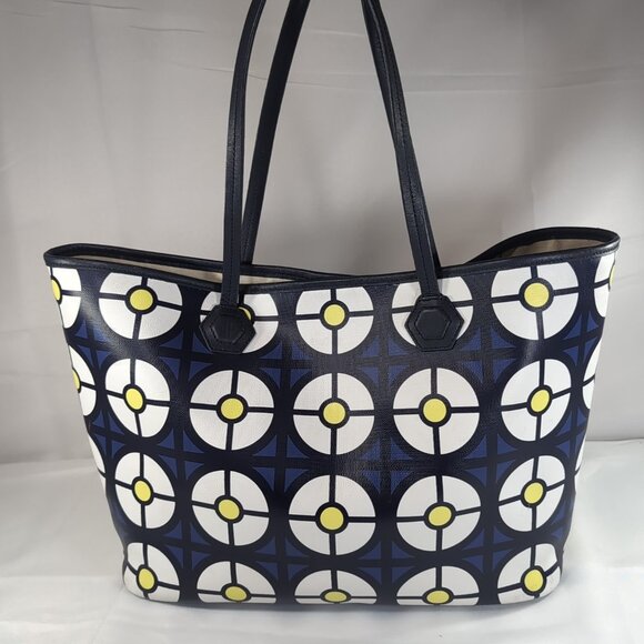 Jonathan Adler Geometric Tote Bag Leather Blue White Yellow Large Shoulder Purse - Picture 2 of 16